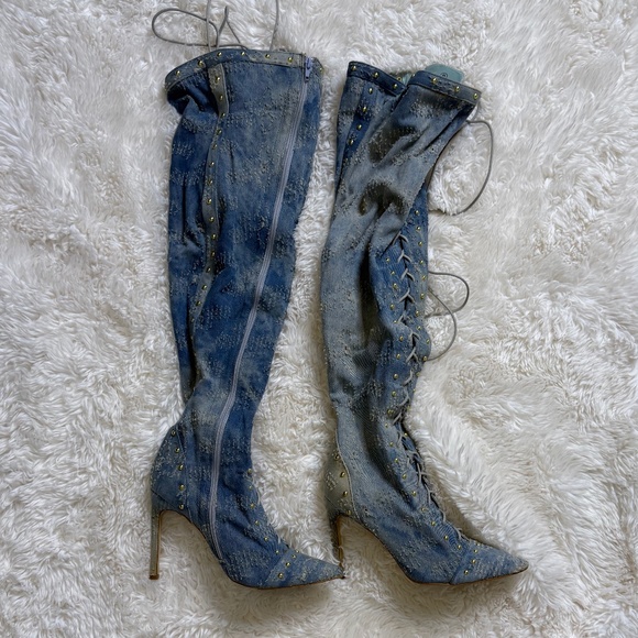 Studded Distressed Denim Lace-Up Boots - Picture 2 of 6